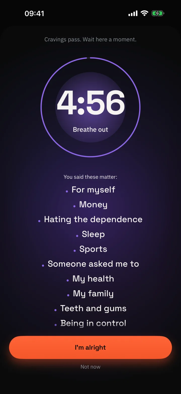 The craving timer counting down from 4:56 with a breathing prompt
