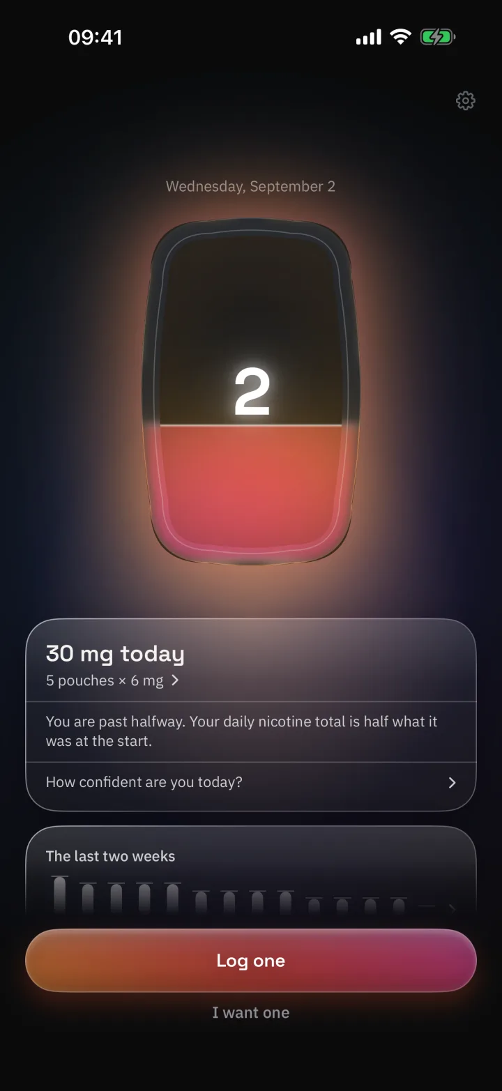 The Wanedays today screen: 30 mg today, five pouches of 6 mg, and a Log one button