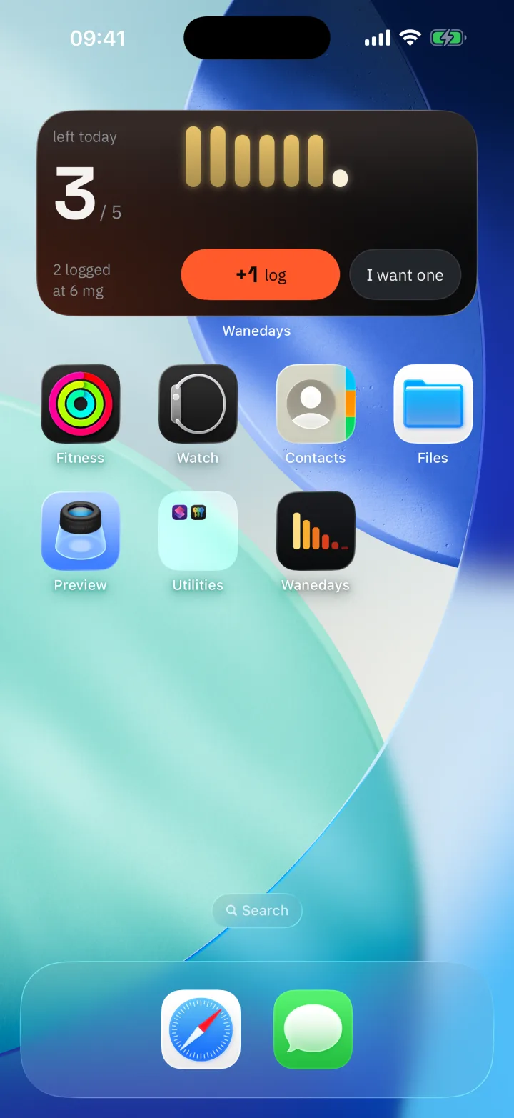 The Wanedays home screen widget with a +1 log button